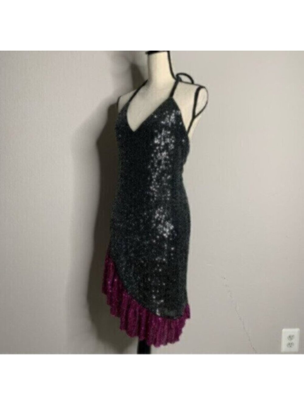 NWT One33 Social Black & Purple Sequin Colorblock Backless Halter Dress - Picture 8 of 15